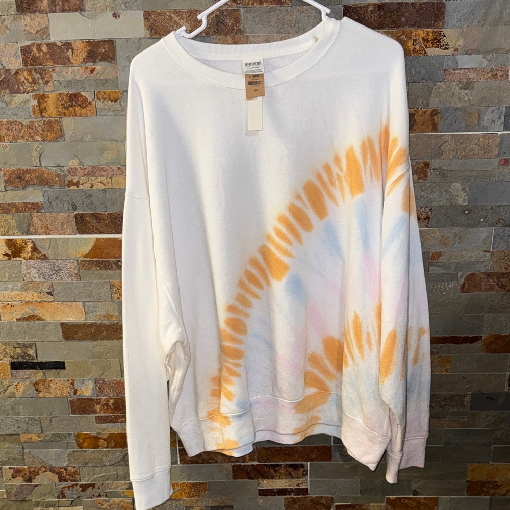 Brand New PINK Victoria's Secret White and Orange Tie-Dye  Crewneck